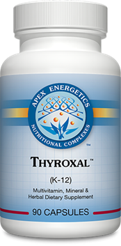 Apex Energetics Thyroxal K-12 90 capsules bottle front label, white plastic supplement container with blue accents