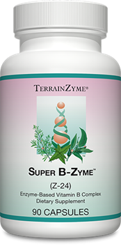 Apex Energetics Super B-Zyme 90 capsules bottle front with pink label and herbal DNA helix design
