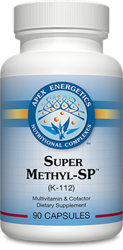 Apex Energetics Super Methyl-SP 90 capsules bottle front, white container with blue label and nutritional complexes logo