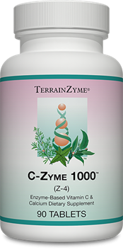 Apex Energetics C-Zyme 1000 bottle front, white container with pastel label, TerrainZyme logo, 90 tablets supplement