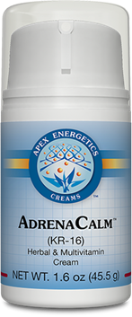 Apex Energetics AdrenaCalm 1.6 oz herbal and multivitamin cream in a white and blue pump bottle front label.