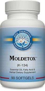 Apex Energetics Moldetox (K-134) 90 softgels bottle front, white plastic container with blue and red label design