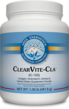 Apex Energetics ClearVite-CLA 481.8 g white supplement powder bottle with blue and orange label, front view