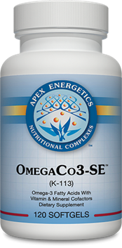 Apex Energetics OmegaCo3-SE 120 softgels bottle front label showing omega-3 supplement branding and design