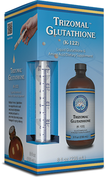 Apex Energetics Trizomal Glutathione 8 oz box front showing brown bottle and marked liquid dropper on blue packaging