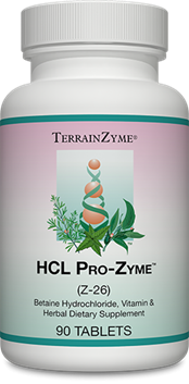 Apex Energetics HCL-Pro-Zyme 90 tablets bottle front with TerrainZyme label and herbal graphic design