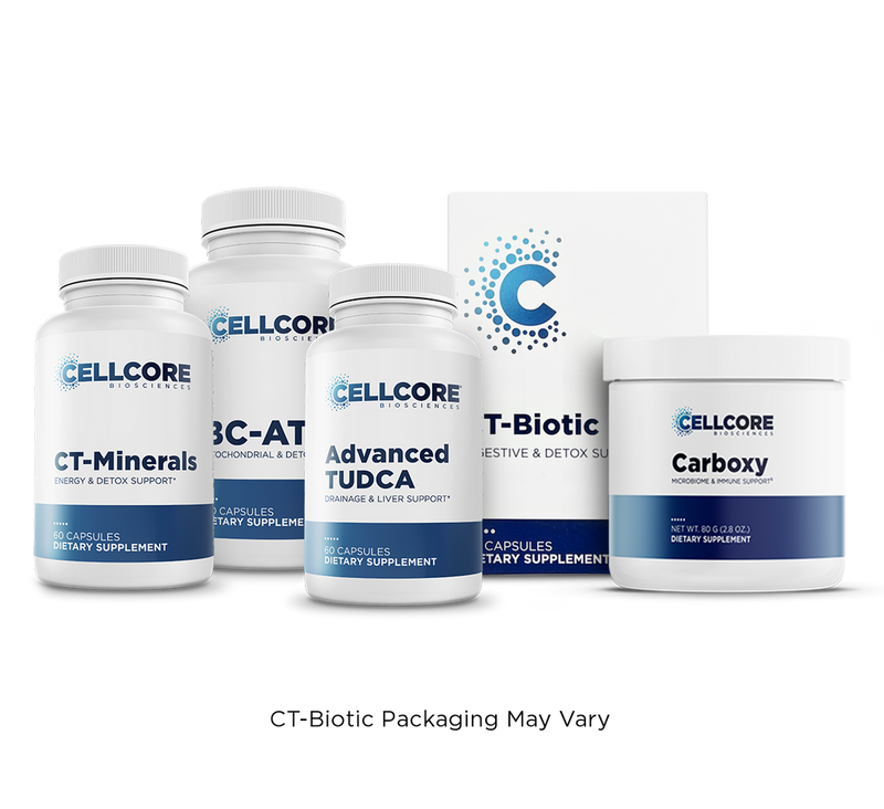 CellCore Biosciences Advanced MYC Support Kit with CT-Minerals, BC-ATP, Advanced TUDCA, Carboxy and CT-Biotic bottles front view