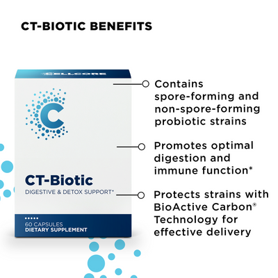 CellCore CT-Biotic box front showing digestive and detox support probiotic benefits and key formula features in text.