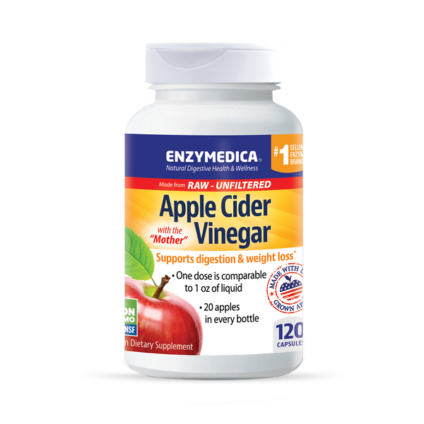 Enzymedica Apple Cider Vinegar 120 capsules bottle front, white container with blue and yellow label showing apple graphic