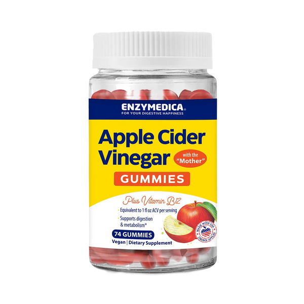 Enzymedica Apple Cider Vinegar Gummies bottle front, 74-count vegan red gummies with yellow and white label.