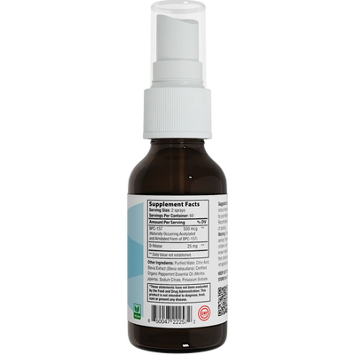 Integrative Peptides BPC-157 Pure Oral Spray 0.85 oz bottle showing Supplement Facts and ingredient panel on the label
