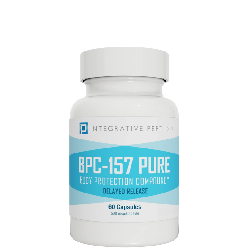 Integrative Peptides BPC-157 Pure Delayed Release 60 capsules bottle with white and blue front label visible