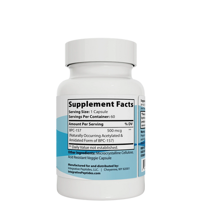 Integrative Peptides BPC-157 Pure Immediate 60 capsules bottle showing close-up Supplement Facts and ingredient label