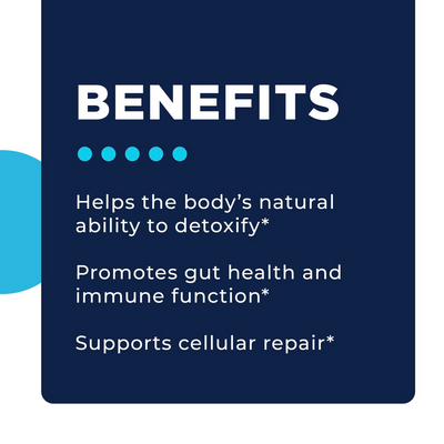 CellCore BioToxin Binder benefits graphic listing detox support, gut and immune health, and cellular repair claims