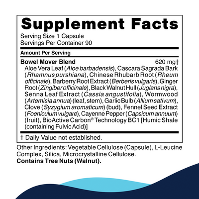 CellCore Bowel Mover 90 Capsules supplement facts label listing herbal blend ingredients and other capsule components
