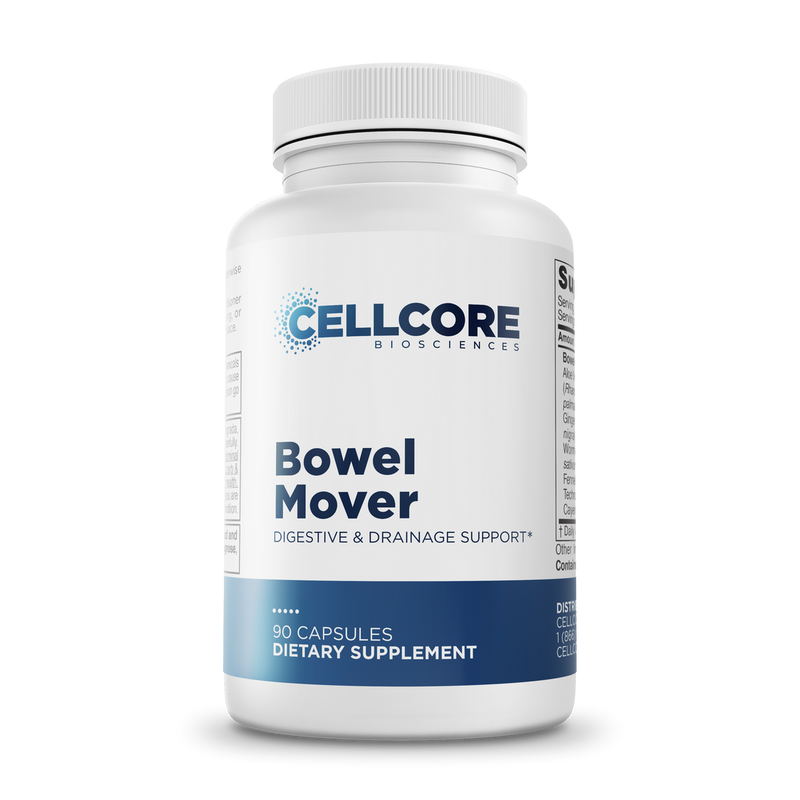 CellCore Biosciences Bowel Mover 90 capsules bottle front, white container with blue label for digestive and drainage support