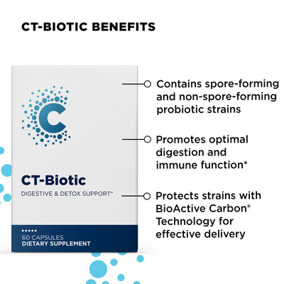 CellCore CT-Biotic digestive and detox support box highlighting probiotic, digestion, immune, and BioActive Carbon benefits