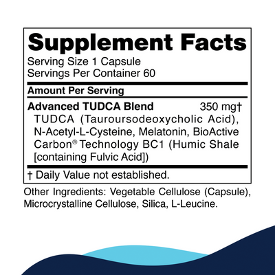 CellCore Biosciences Advanced TUDCA 60 capsules supplement facts label showing ingredients and serving size details