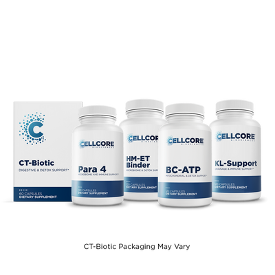 CellCore Biosciences Phase 4A Systemic Detox kit with CT-Biotic box and four white capsule bottles arranged front-facing