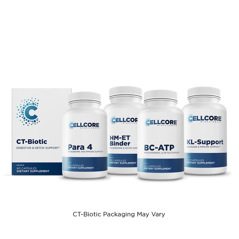 CellCore Biosciences Phase 4A Systemic Detox kit with CT-Biotic box and four white capsule bottles arranged front-facing
