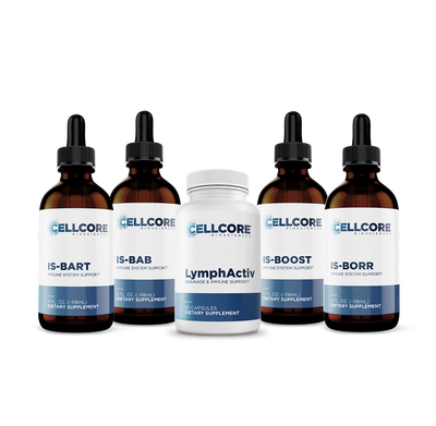 CellCore Biosciences Phase 5 Deeper Immune Support kit with LymphActiv capsules and four 4 oz liquid immune support bottles