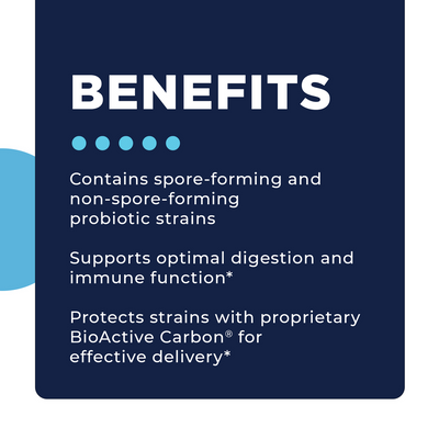 CellCore Biosciences CT-Biotic benefits graphic highlighting probiotic support for digestion, immune function, and BioActive Carbon delivery