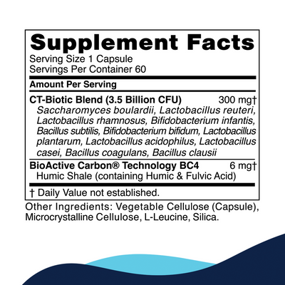 CellCore Biosciences CT-Biotic 60 Capsules supplement facts panel listing probiotic blend and other ingredients