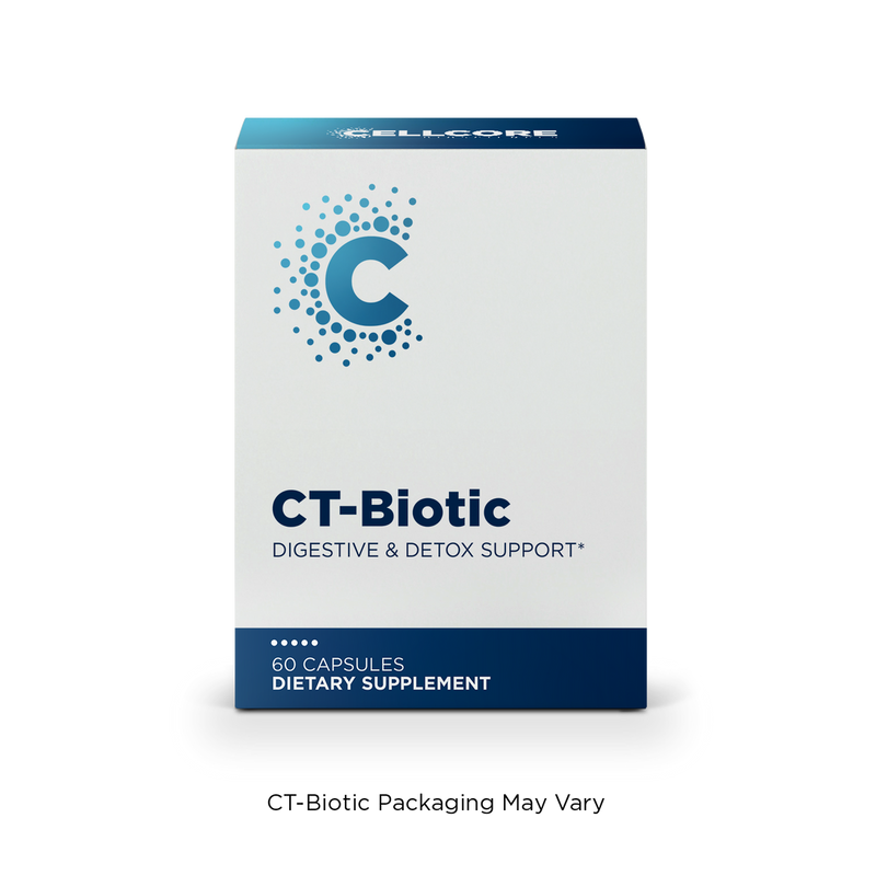 CellCore Biosciences CT-Biotic 60 capsules box front, white and navy design with blue “C” logo and digestive support text
