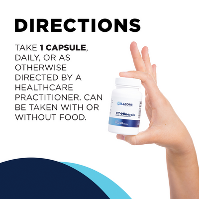 Hand holding a white CellCore Biosciences CT-Minerals 60-capsule bottle next to daily capsule dosage directions text