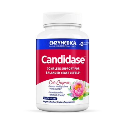 Enzymedica Candidase 120 Capsules bottle front with red, blue and white label and lotus flower graphic.