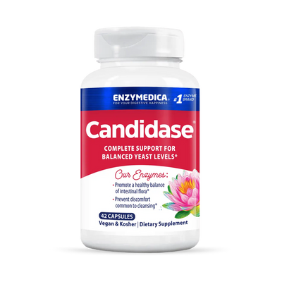 Enzymedica Candidase 42 Capsules bottle front, red and white label with lotus flower design and yeast support text