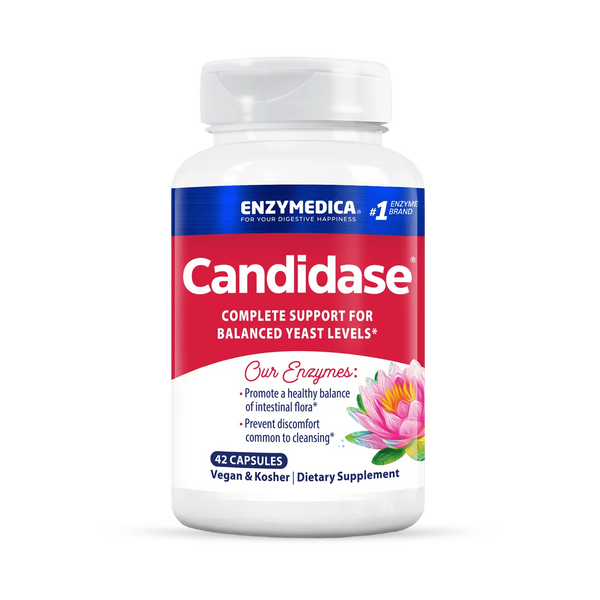 Enzymedica Candidase 42 Capsules bottle front, red and white label with lotus flower design and yeast support text