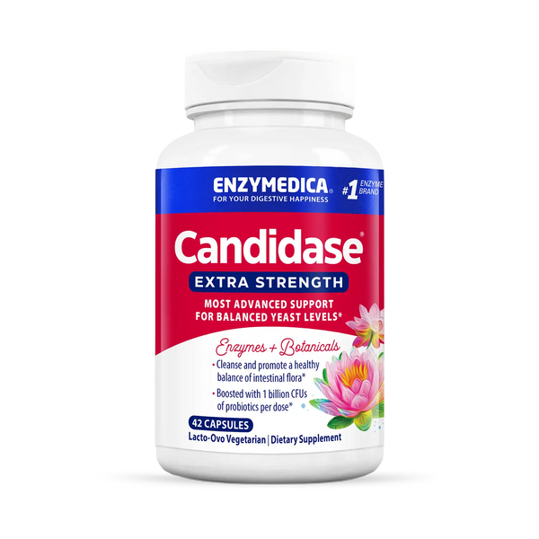 Enzymedica Candidase Extra Strength 42 capsules bottle front with red, blue and white label and floral design