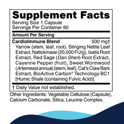 CellCore Biosciences CardioImmune 60 capsules supplement facts label listing CardioImmune Blend ingredients and daily values