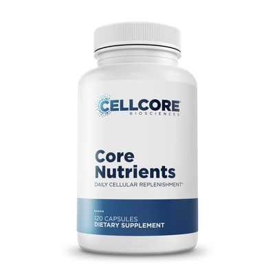 CellCore Biosciences Core Nutrients 120 Capsules bottle, white with blue label, front-facing dietary supplement packaging