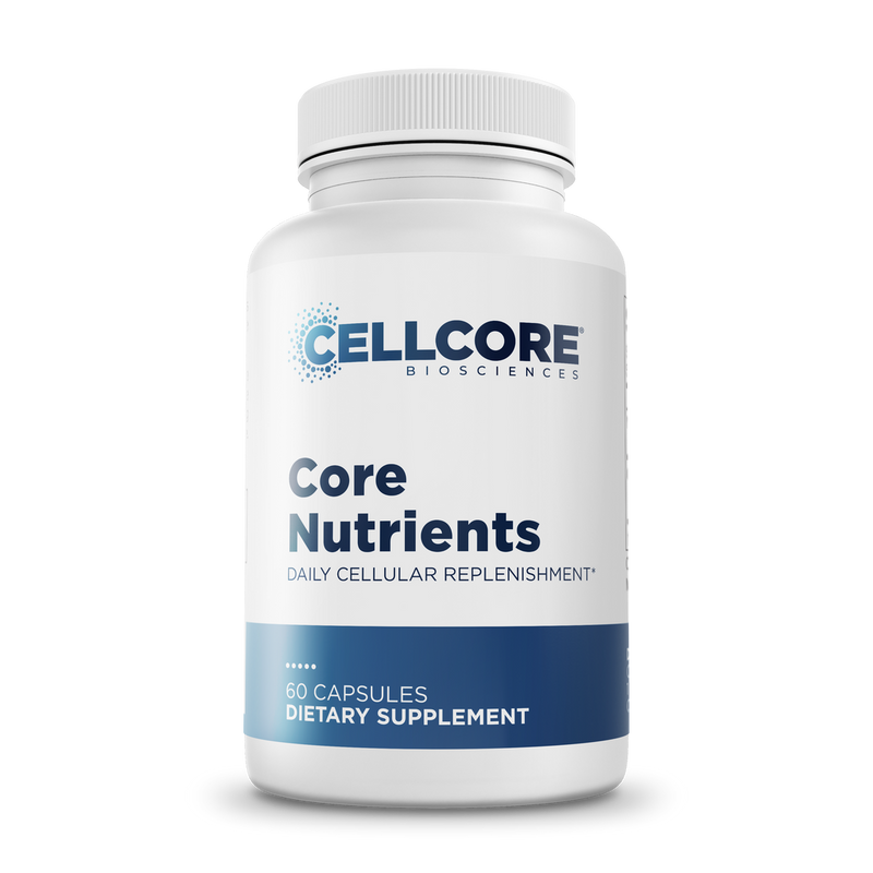 CellCore Biosciences Core Nutrients 60 capsules bottle front, white container with blue label and text