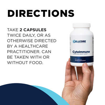 Hand holding a CellCore Biosciences CytoImmune 120-capsule bottle beside dosage directions on a white background.