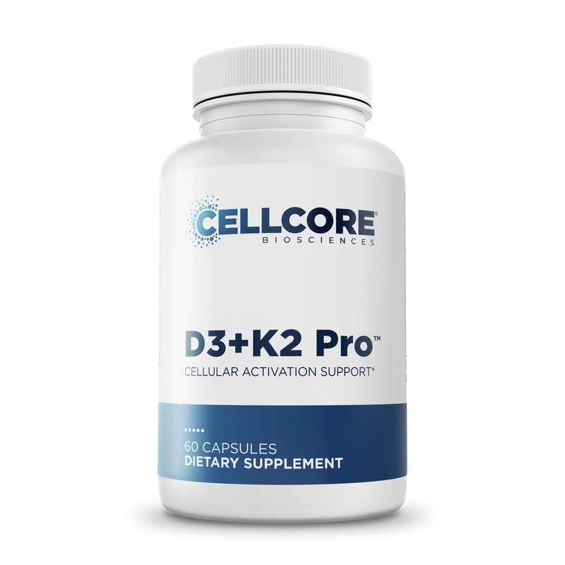 CellCore Biosciences D3+K2 Pro 60 capsules bottle, white with blue label and front text “Cellular Activation Support”