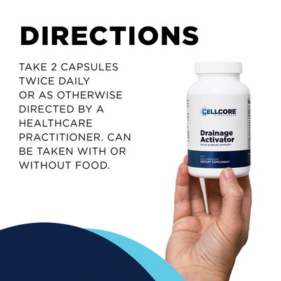 CellCore Biosciences Drainage Activator 120 capsules bottle front held in hand with dosage directions text on white background