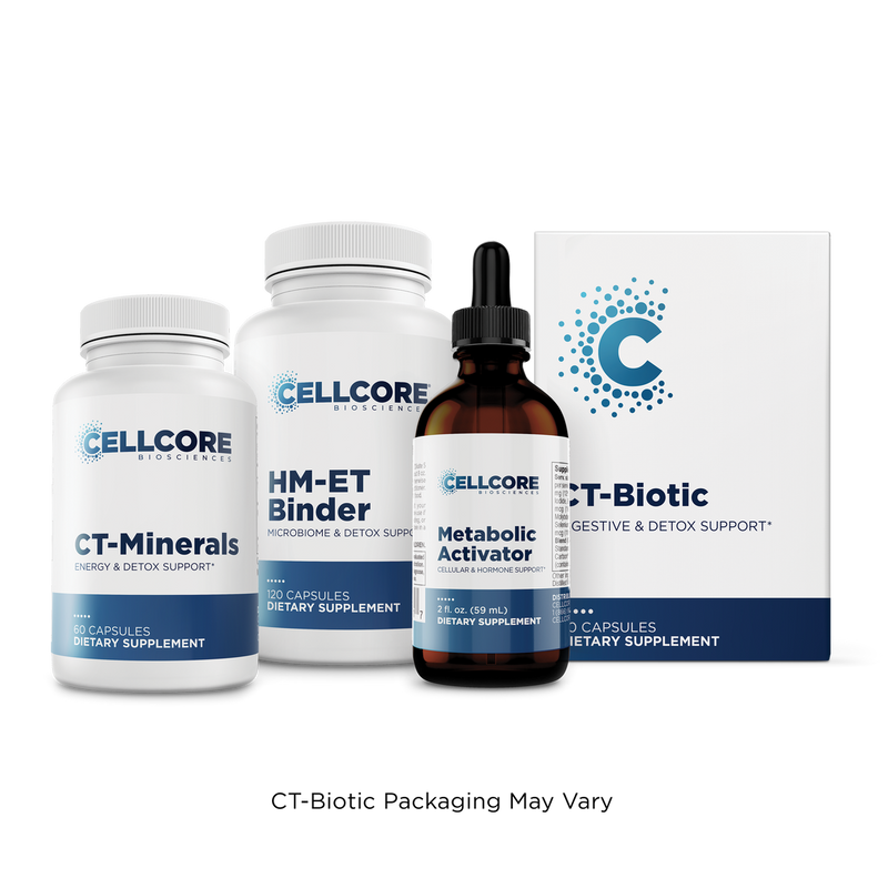 CellCore Biosciences Detox Support Kit front view with CT-Minerals, HM-ET Binder, Metabolic Activator and CT-Biotic packaging