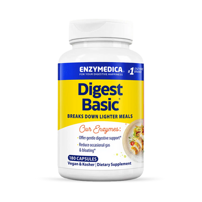 Enzymedica Digest Basic 180 Capsules bottle front, yellow and blue label highlighting digestive support benefits