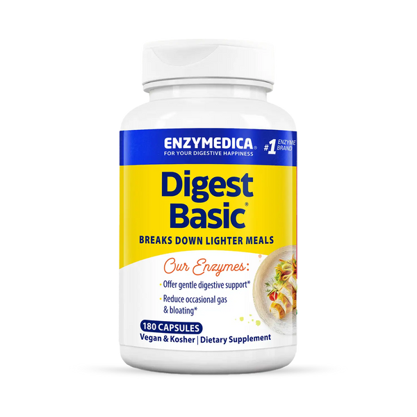Enzymedica Digest Basic 180 Capsules bottle front, yellow and blue label highlighting digestive support benefits