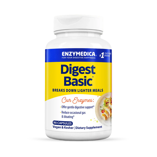Enzymedica Digest Basic 90 Capsules bottle front, yellow and white label with digestive support claims and salad image