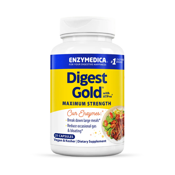 Enzymedica Digest Gold Maximum Strength 21 Capsules bottle front with yellow and blue label and digestive support text