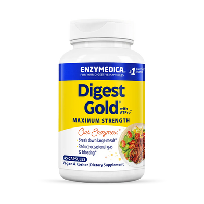 Enzymedica Digest Gold Maximum Strength 120 Capsules bottle front label with yellow and blue design and meal image