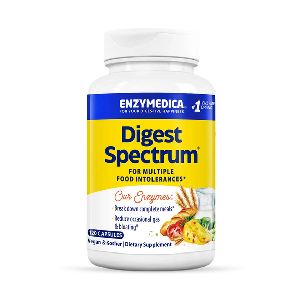 Enzymedica Digest Spectrum 120 Capsules bottle front with yellow and blue label for multiple food intolerances.