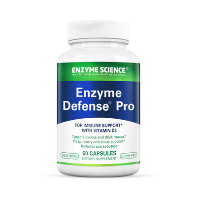 Enzyme Science Enzyme Defense Pro 60 Capsules bottle front, white plastic with green and blue immune support label