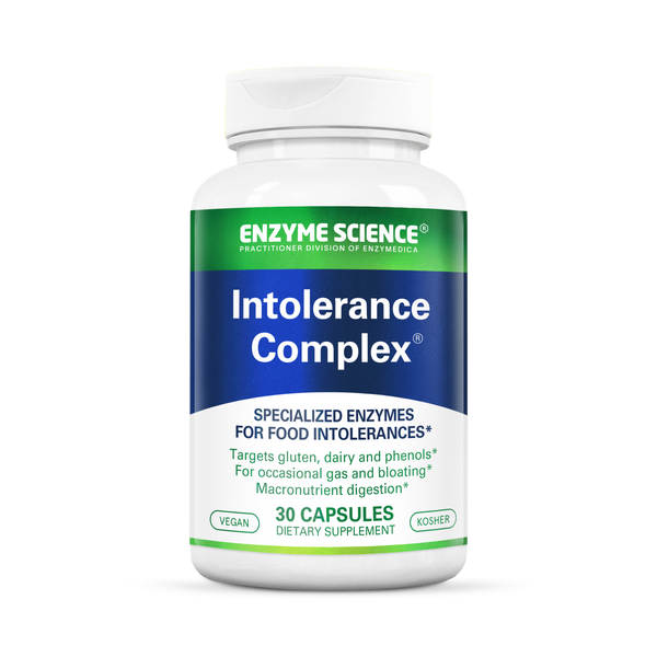 Enzyme Science Intolerance Complex 30 Capsules bottle front with green, blue, and white label for food intolerance support