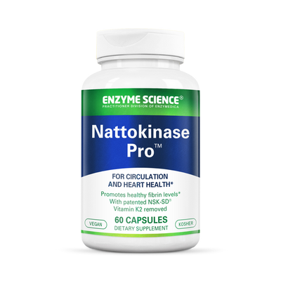 Enzyme Science Nattokinase Pro 60 capsules bottle front, white with green and blue label for circulation and heart health