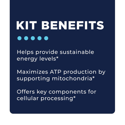 CellCore Biosciences Energy Boost Support Bundle benefits text on navy background highlighting energy, ATP, and cellular support